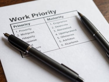 Close-up of a work priority matrix printed on white paper, two columns labeled with priority levels, pen beside it, north-facing daylight, no faces
