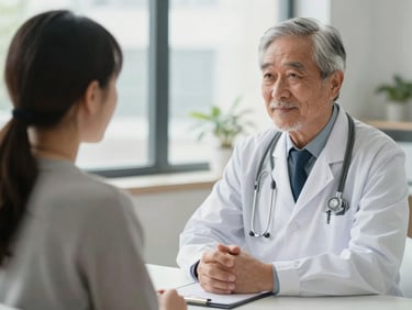 Respectful, professional clinical consultation between a compassionate senior doctor and a patient in a bright, natural-lit room