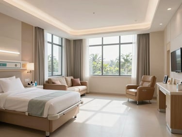 A spacious, clean, and modern private hospital suite in India with large windows, bright natural light, and comfortable recovery amenities.