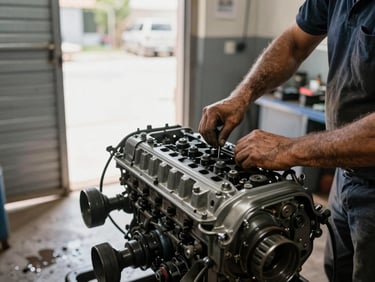 Detail shot of a mechanic's hands working on a car engine in a small Mardin garage, natural light through a corrugated metal door, oil-stained workshop floor visible