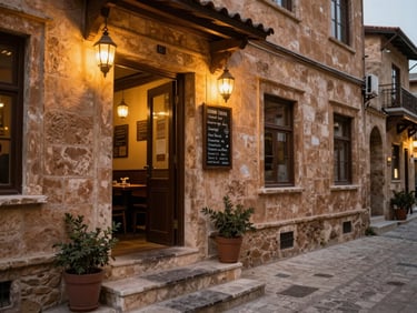 Street-level shot of a narrow Mardin alleyway restaurant entrance, warm lantern light spilling onto ochre stone steps at dusk, a handwritten menu board visible on the wall beside the door