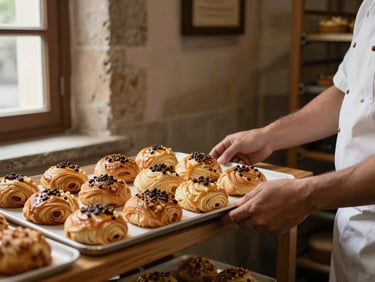 Eye-level shot of a baker's hands placing a tray of fresh katmer pastries onto a wooden shelf inside a stone-walled bakery, soft diffused daylight from a small window to the left