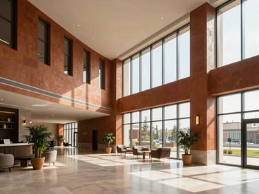 Wide-angle view of a modern hotel lobby in Mardin with clean lines and warm terracotta accent walls, natural daylight through tall windows, no people