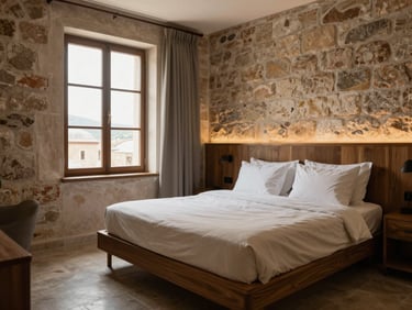 Interior of a boutique hotel room in Mardin, stone wall visible at the side, a low wooden bed with neutral linens, north-facing window light, no people