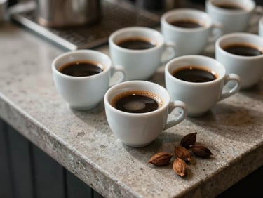 Close-up overhead of small white porcelain cups of mırra coffee on a stone café counter, morning north-facing soft light, a few dried cardamom pods scattered nearby