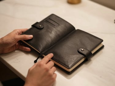 Hands holding a premium leather planner on a cream marble desk, soft warm lighting, editorial style