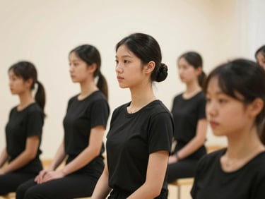 High-end training environment with focused students in chic black uniforms, soft warm studio lighting