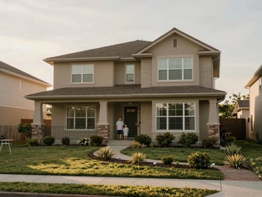 Warm editorial architectural photography, soft natural morning light, muted earthy tones, realistic 35mm lens. A suburban family home exterior with a well-maintained garden at golden hour, showing natural light.