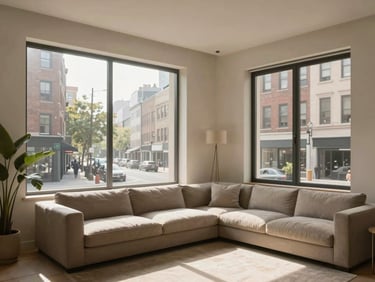 Bright, modern urban apartment living room with large windows, natural light, minimalist decor, and a view of a bustling street. Warm editorial architectural photography, soft morning light, muted earthy tones, realistic 35mm lens.