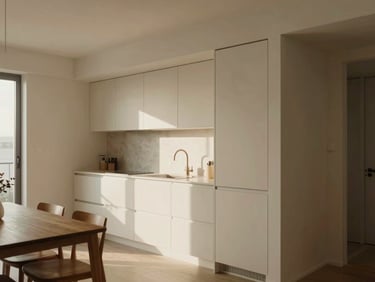 Architectural interior shot of an apartment kitchen with a dining area, showing functional space, warm natural light, muted earthy tones, realistic 35mm lens.