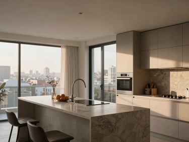 Warm editorial architectural photography, soft natural morning light, muted earthy tones, realistic 35mm lens. A modern apartment kitchen with a breakfast bar and city views, showing natural light.