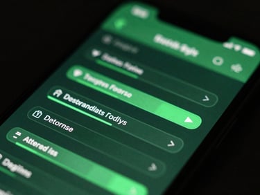 Extreme close-up of a smartphone screen showing database sync progress indicators in cybernetic green, moody dark background