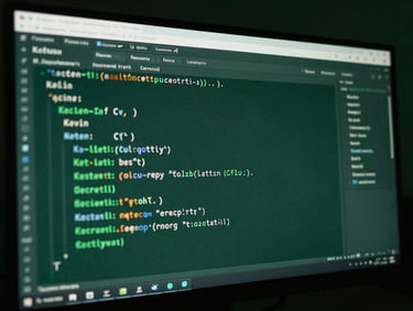 Macro shot of clean Kotlin code structures on a high-end monitor, focused developers in low-light environments, deep green accents