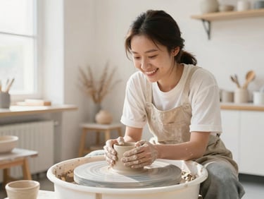 A smiling artisan ceramicist working at her wheel in a bright, sun-drenched studio, clay on her hands, warm editorial