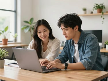 Two young tech founders in casual clothes discussing designs over a laptop in a bright, plant-filled collaborative workspace