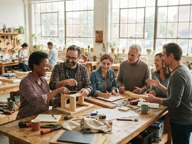 A warm editorial photo of a community workshop, bright natural daylight streaming through large windows, a diverse group of people collaborating around a wooden table, optimistic tones, 35mm lens.