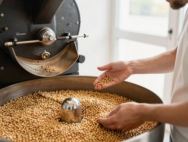 A local coffee roaster checking beans as they exit the roasting machine, warm golden light, rich textures