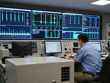 Control room interior during an active shift, an operator in uniform monitoring multiple screens displaying process data, ambient blue glow from displays, sharp foreground equipment