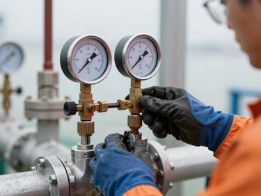 Close-up of a worker's gloved hands adjusting a pressure gauge on a subsea pipeline manifold under bright site lighting, steel fittings in sharp focus
