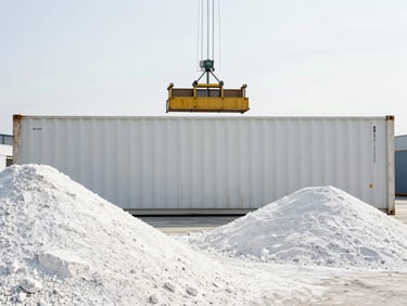 Wide shot of container loading at a port, industrial setting, crisp natural daylight, minimalist composition, 35mm
