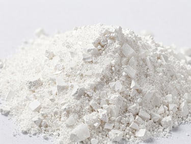 Macro shot of pure white calcite powder, uniform particle size, bright studio light, clean industrial aesthetic, 35mm