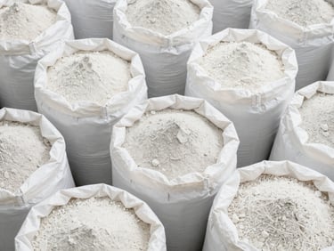 Overhead view of various industrial packaging sacks filled with mineral powders, clean industrial photography, bright high-key lighting, minimalist composition, 35mm
