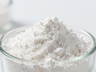 Crystalline white Benzoin powder in a glass container, bright high-key lighting, sharp focus on chemical structure, minimalist composition, 35mm