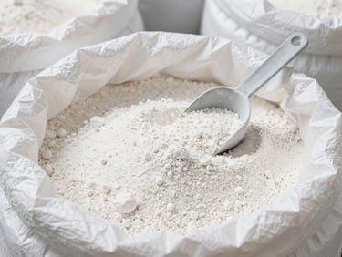 Industrial bag of talc powder with a scoop, clean and bright, warehouse setting, crisp daylight, 35mm
