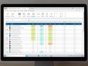 Close-up of a large monitor showing a structured campaign management spreadsheet with color-coded ACoS columns, version history annotations, and keyword-level attribution rows, cool studio daylight, clinical flat lighting, no faces visible