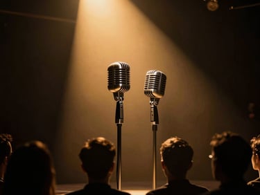 Moody high-contrast live theater stage, warm golden spotlight on two retro microphones, dark silhouettes of an audience in the foreground, cinematic 35mm
