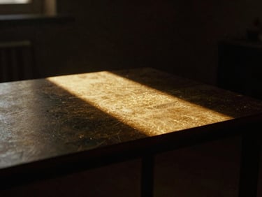Atmospheric shot of a dark studio table with a glowing gold light leak, moody shadows, 35mm