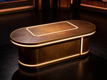 Overhead shot of a late-night talk show desk with neon gold accents, dark charcoal surface, moody dramatic shadows