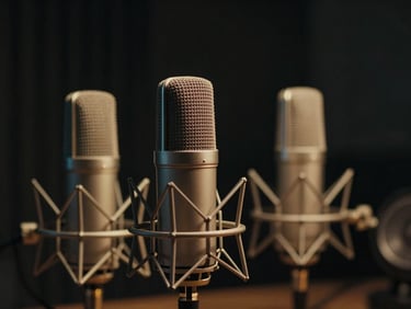 Close-up of professional podcast microphones in a dark studio, warm gold rim lighting, moody atmosphere, cinematic 35mm