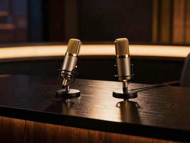 Moody late-night talk show studio desk with two professional microphones, warm golden backlighting reflecting off deep matte black wood, cinematic 35mm photography