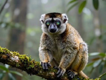 Close-up of an Indri lemur with striking green eyes perched on a mossy branch in the misty, dense rainforest of Andasibe, soft natural light.