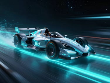 Aether Drift gameplay screenshot, neon-lit futuristic racing craft hovering over a glowing cyan track, high-speed motion blur, deep space background