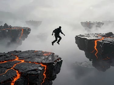 Void Runner gameplay screenshot, a lone silhouetted character jumping across floating dark obsidian platforms with glowing orange volcanic cracks, atmospheric fog
