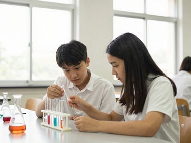 Candid shot of two students collaborating over a science experiment in a bright classroom with large windows, natural light, warm intellectual tones