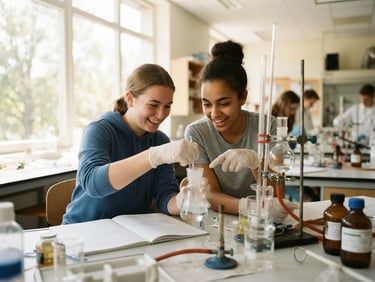 Candid mid-shot of two students collaborating on a science experiment near a large window, bright natural daylight streaming in, warm intellectual tones, shallow depth of field, 35mm style.