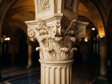 Elegant macro architectural detail of a classical stone column capital in São Paulo, soft warm interior light, shallow depth of field, 35mm