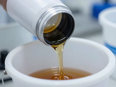 Close-up of liquid amber polyurethane raw material being poured in a laboratory, clean high-contrast lighting, 35mm lens
