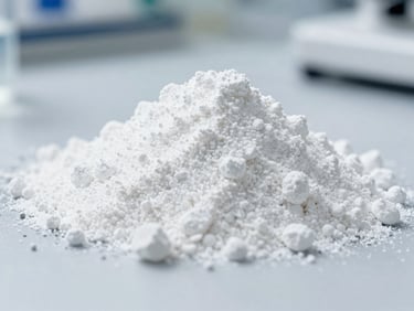 High-detail macro shot of white chemical additive powder, clean industrial laboratory setting, cool daylight, 35mm lens