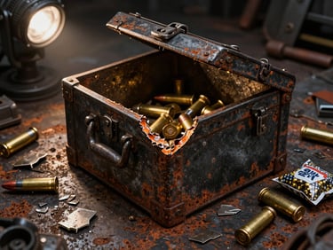 Extreme close-up of a Rust-style metal loot crate cracked open on a rust-pitted steel floor, scattered high-tier ammunition, armor fragments and resource bundles lit by a single hard tungsten overhead strobe, deep blacks, gold-orange glint on metal edges, gritty industrial raid atmosphere, no faces visible