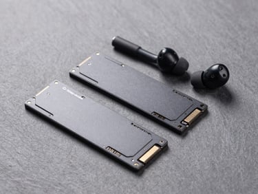 Crisp studio product photography of high-performance SSDs and wireless earbuds arranged neatly on a neutral slate grey background, sharp focus, technical details, 50mm lens
