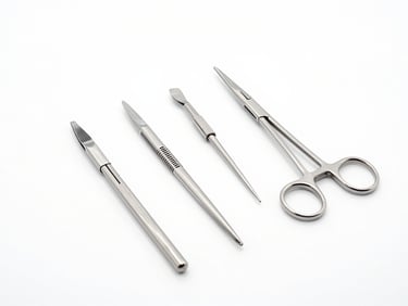 Stainless steel surgical forceps and scalpels on a sterile white surface, bright high-key studio lighting, sharp focus