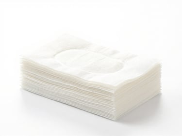 Clean neatly stacked medical gauze and sterile disposables on a white background, bright high-key studio lighting, clinical precision