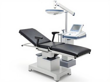 Modern clean medical examination table and diagnostic equipment in a bright clinical room, soft shadows, high-key lighting