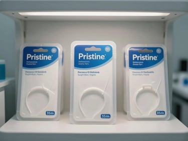 Pristine dental floss packaging arranged symmetrically on a sterile white display shelf, bright clinical lighting, soft clean shadows.