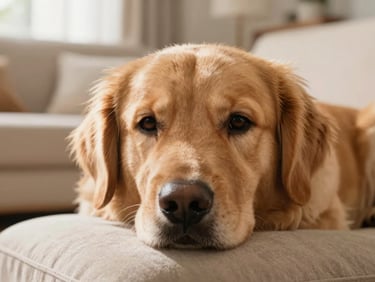 Eye-level close-up of a warm golden retriever resting its chin on a pet parent's lap, soft morning light, cream-colored living room.