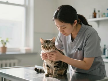 A warm, bright veterinary examination room with natural light, a veterinarian in a soft grey uniform gently examining a calm tabby cat.